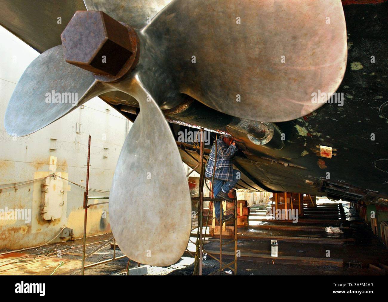 1) Joe Griffin (cq), un "installatore/saldatore" con Gulf Marine Repair, sale in posizione per lavorare sullo scafo di una grande nave in bacino di carenaggio presso Gulf Marine Repair il lunedì (immagine di credito: St Petersburg Times/ZUMAPRESS.com) Foto Stock