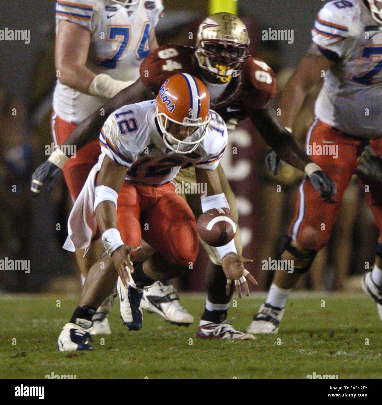Il QB dei Gators Chris Leak fumò il pallone nel secondo e il conseguente turnover portò a un Field goal da tre punti della FSU durante la partita dei Gators contro i Seminoles a Tallahassee sabato 20 novembre 2004. Foto del personale - James Borchuck (immagine di credito: St Petersburg Times/ZUMAPRESS.com) Foto Stock