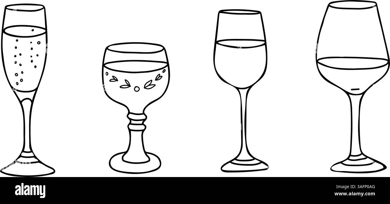 Set di bicchieri da vino. Bicchieri bianchi e rossi, champagne o vino frizzante, bicchiere romano. Illustrazione vettoriale disegnata a mano, grafica lineare, stile doodle. Per Illustrazione Vettoriale