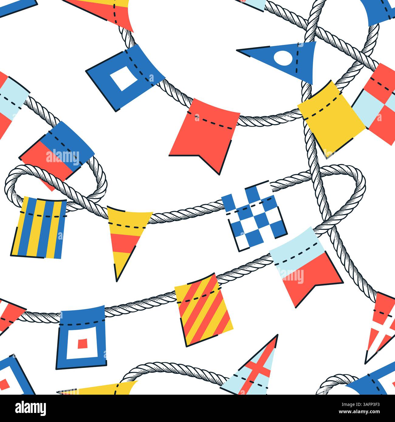 Bandiere colorate nautiche e corda senza cuciture. Illustrazione vettoriale disegnata a mano su sfondo bianco. Stampa in tessuto estivo in stile yacht marino Illustrazione Vettoriale