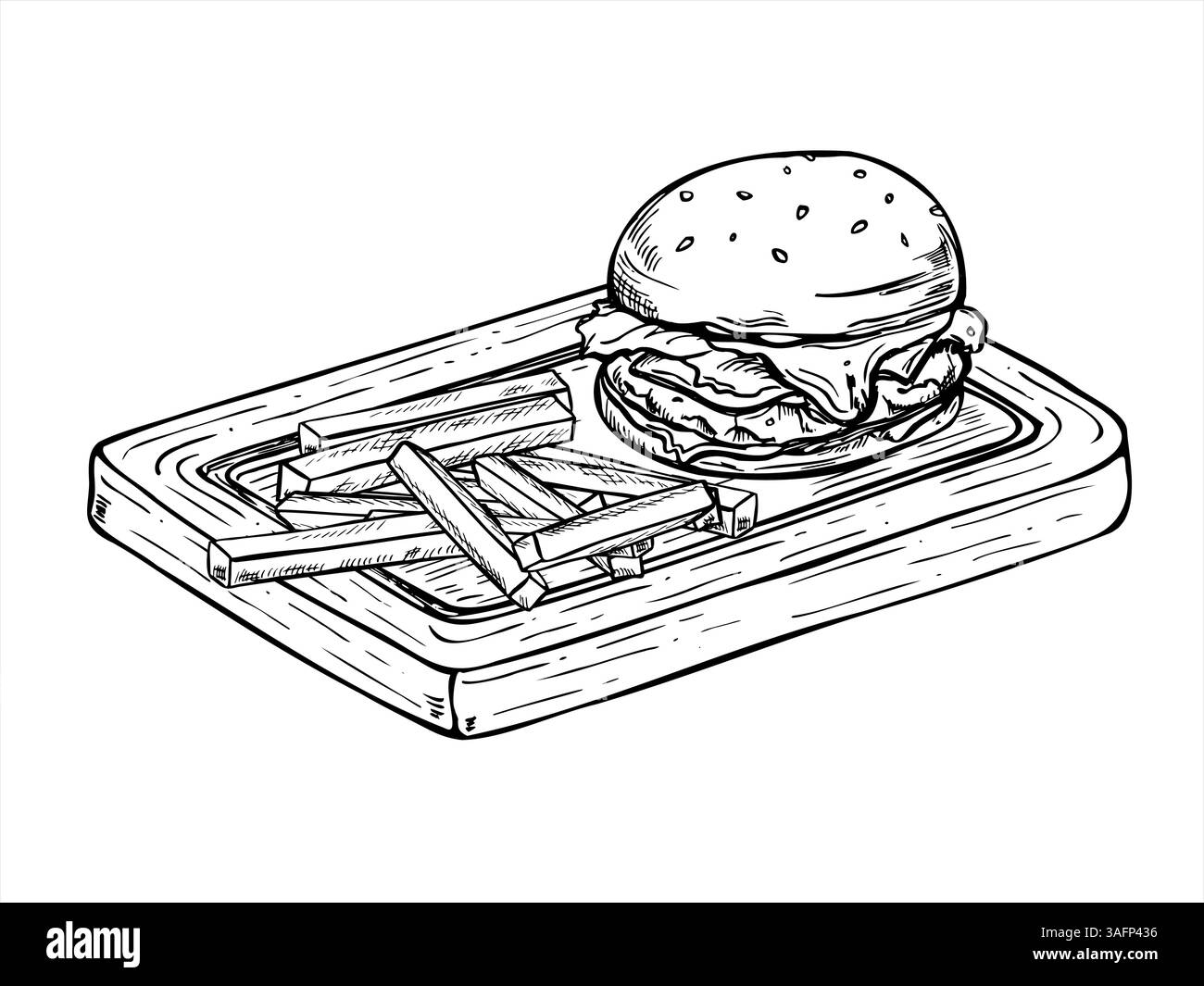 Hamburger vettoriale monocromatico e patatine fritte poste su un tavolo da servizio in legno. Street food minimalista in stile art in bianco e nero. Classico fatto in casa Illustrazione Vettoriale
