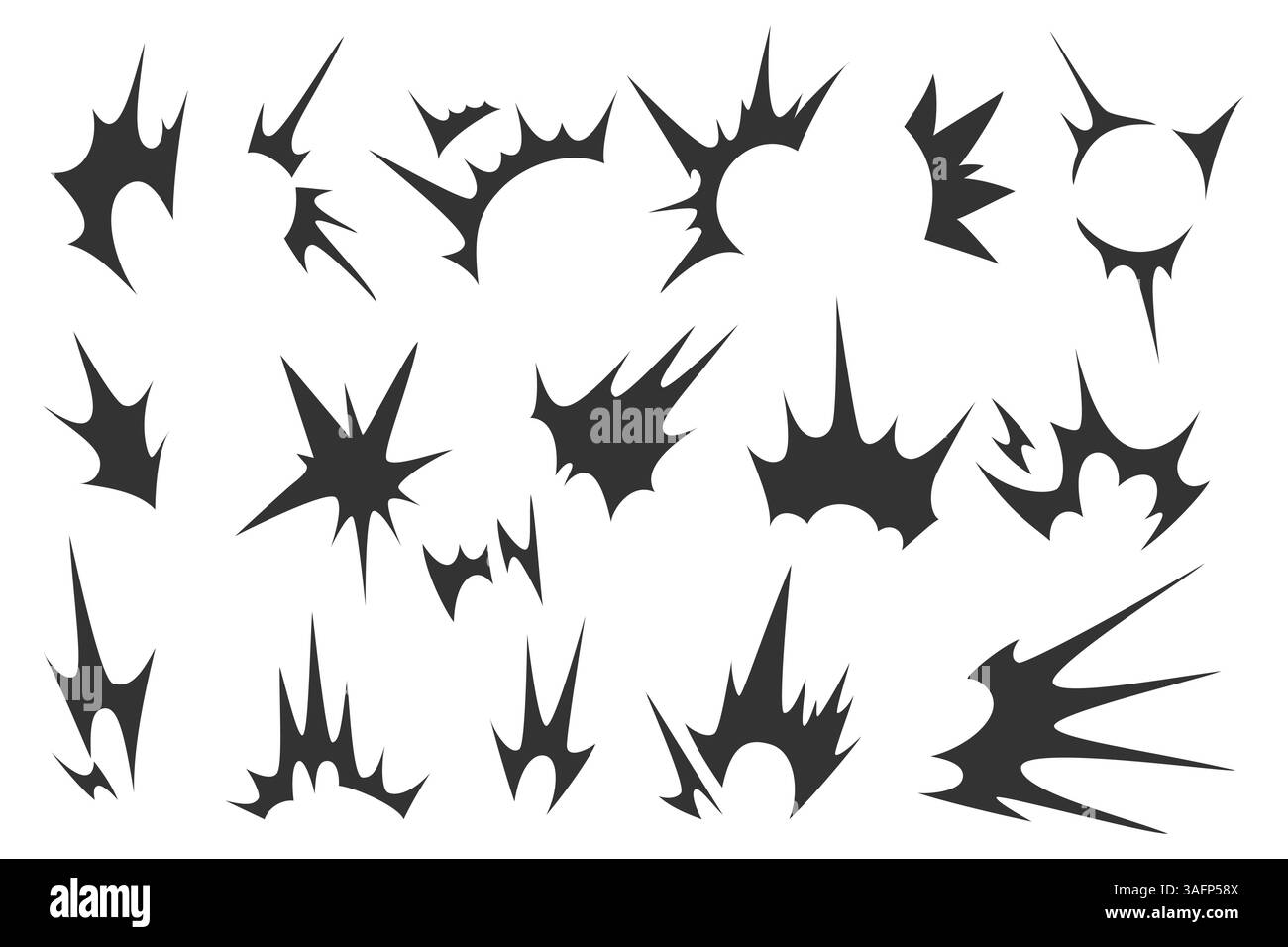 Raccolta di forme esplosive o elementi dinamici. Progettazione di impatto, energia e movimento Illustrazione Vettoriale