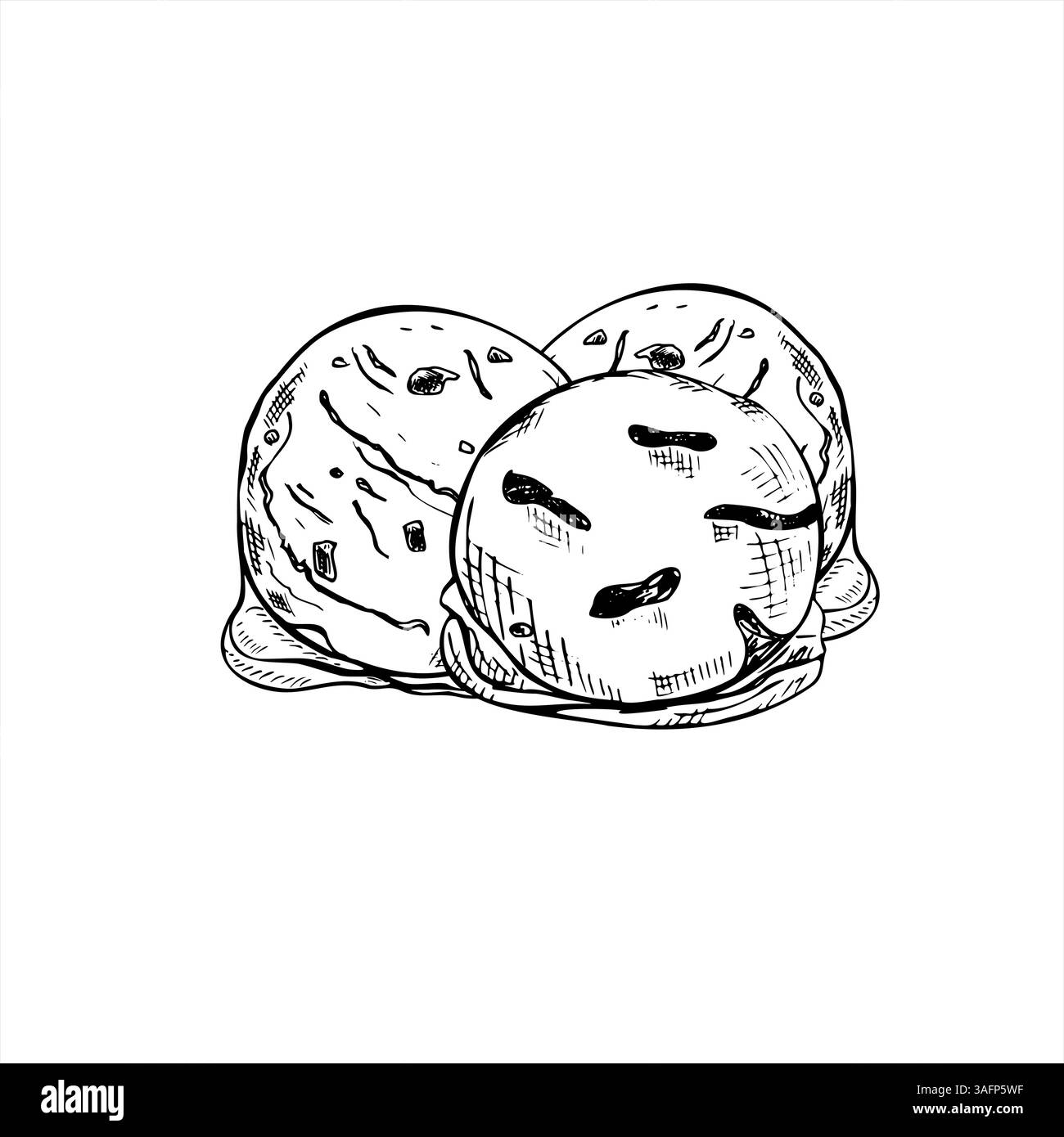 Illustrazione disegnata a mano con tre palline da gelato in stile monocromatico. Vaniglia bianca e nera, cioccolato, cucchiai di fragole, disegno di acquaforte Illustrazione Vettoriale