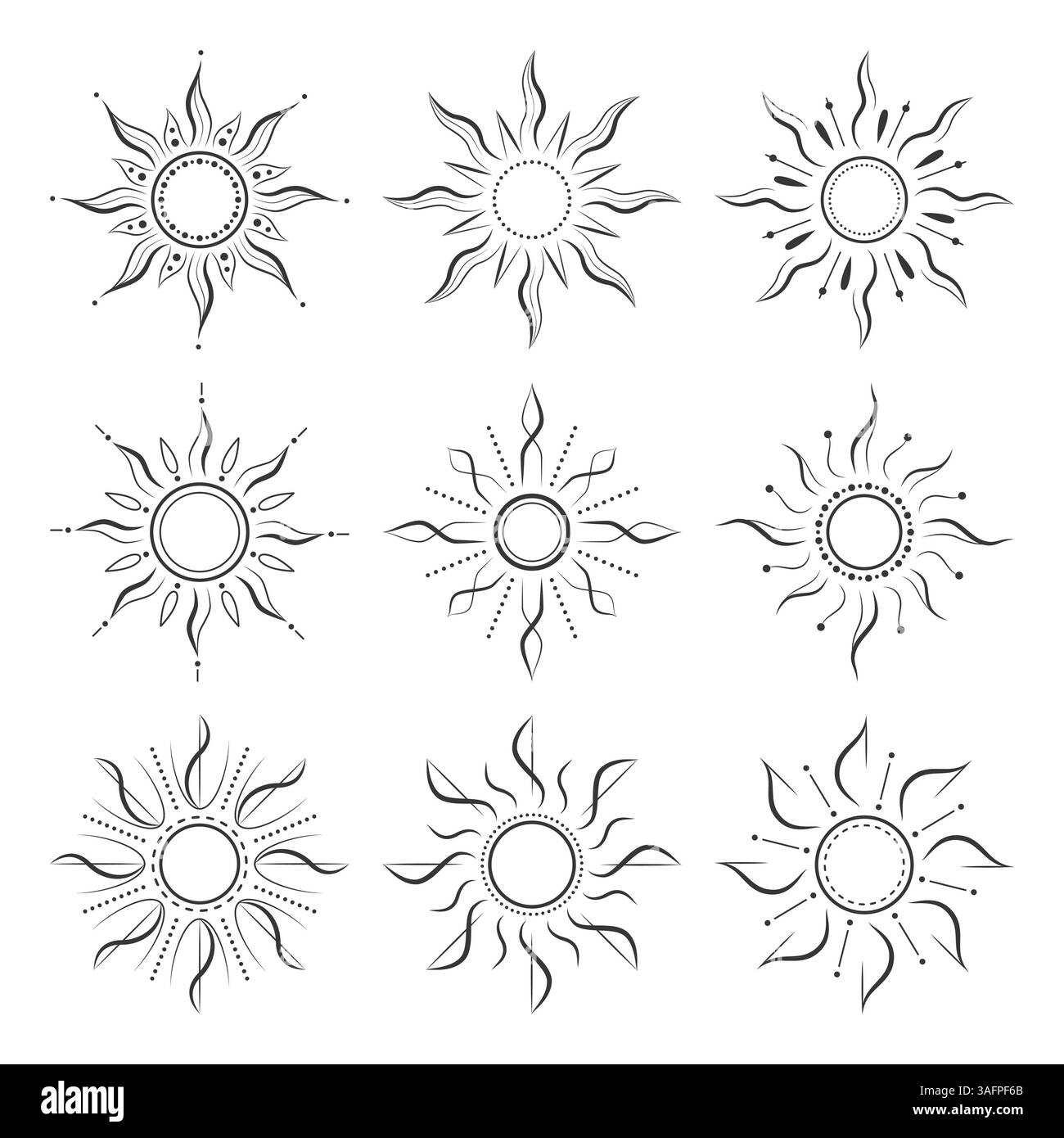 Collezione di illustrazioni simmetriche di scoppio del sole con dettagli ornamentali. Eleganti disegni in bianco e nero Illustrazione Vettoriale
