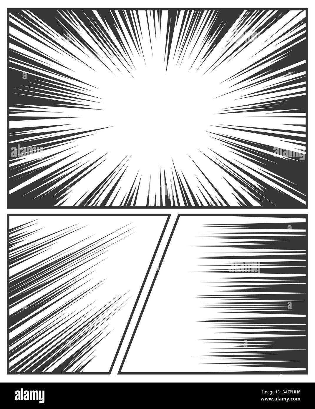 Pannello fumetti in bianco e nero con linee dinamiche di velocità ed effetto burst radiale Illustrazione Vettoriale