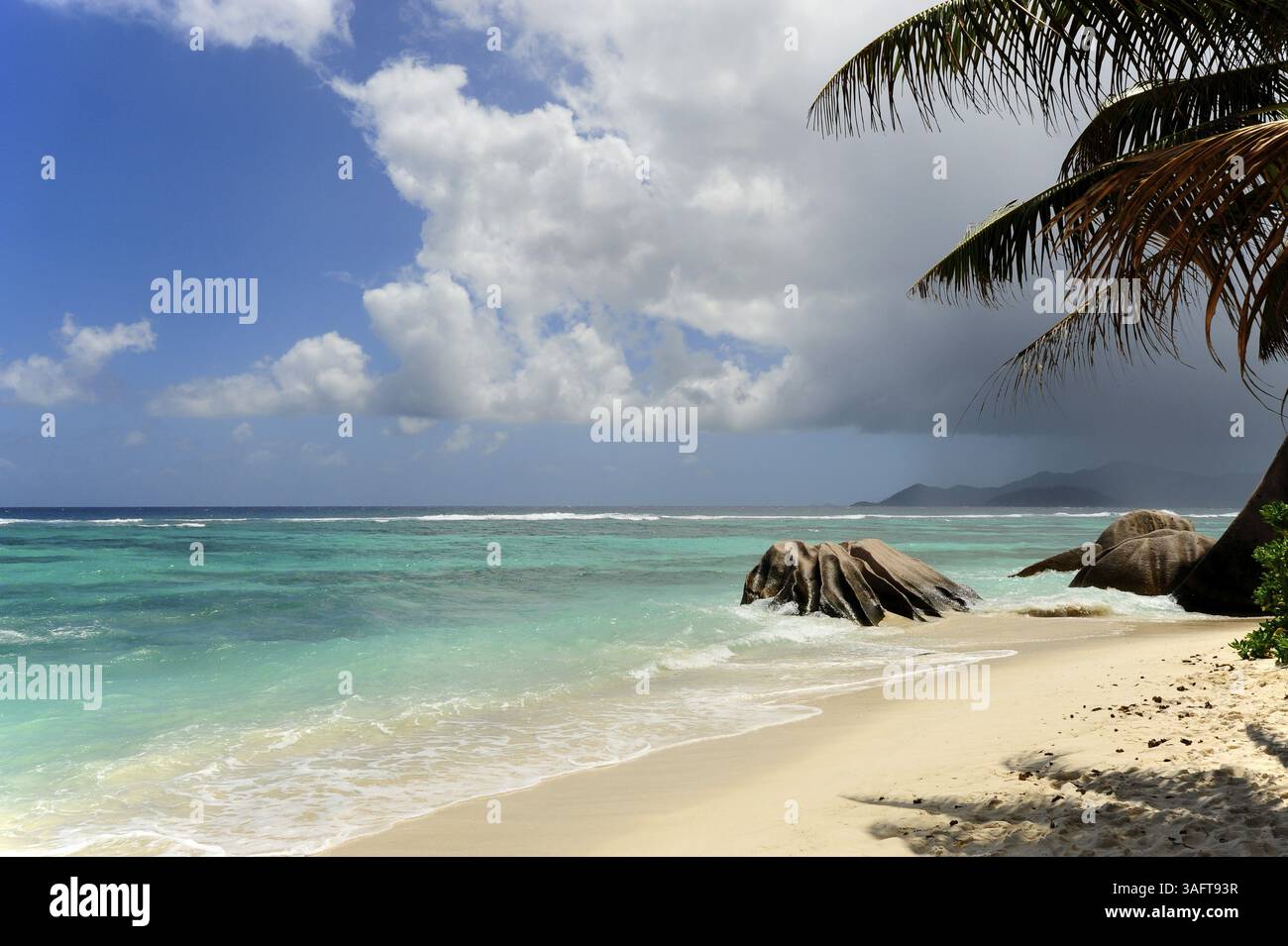 Spiaggia di Anse Source d'Argent, Union Estate National Park, l'isola di la Digue, Seychelles, Oceano Indiano, Africa Foto Stock