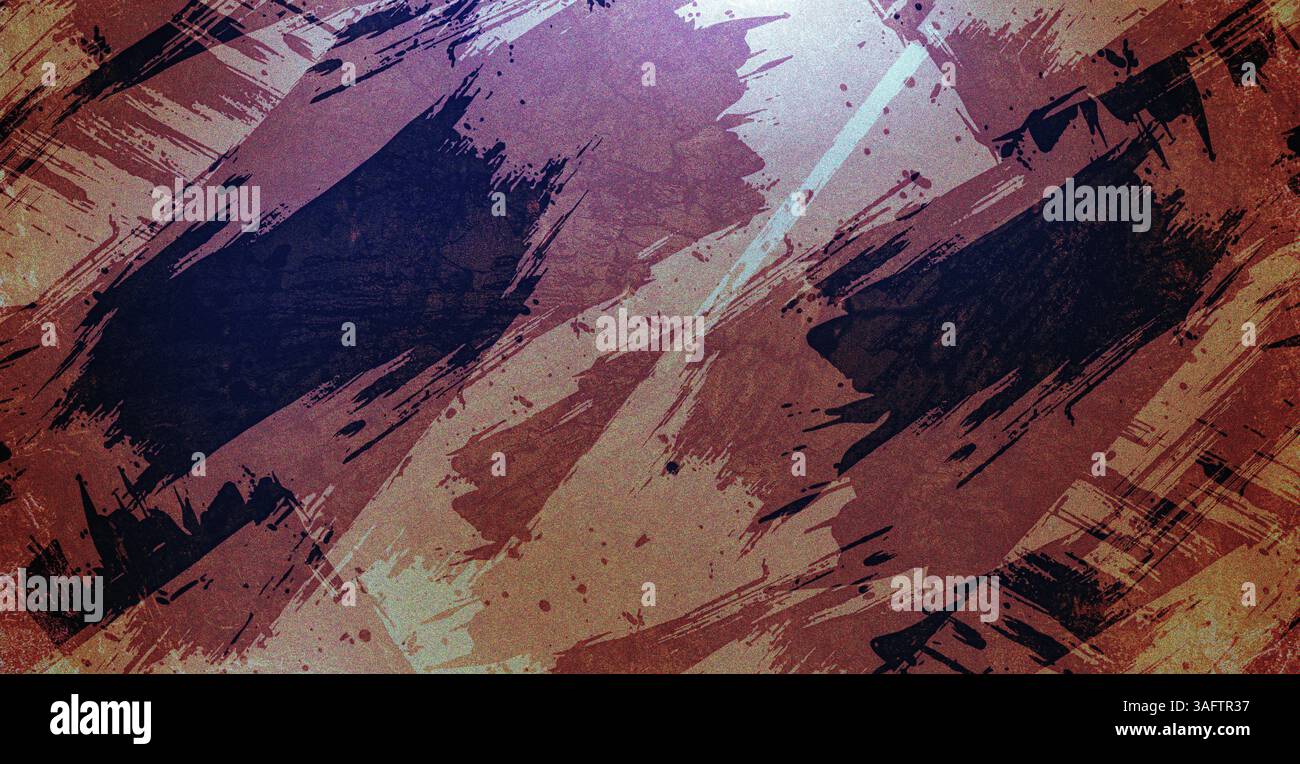 Arte moderna olio e acrilico spalmano su tela blot pittura parete. Consistenza astratta oro, bronzo, consistenza astratta della vernice. Vernice acrilica blu e viola Foto Stock