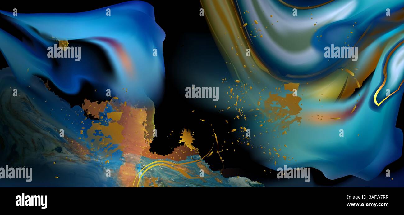 Motivo acquerello astratto blu e giallo su sfondo nero. Illustrazione vettoriale realistica di colori fluidi spruzzati, fantasia di lusso con onde d'inchiostro, effetto kintsugi, elegante sfondo di biglietti d'auguri Illustrazione Vettoriale