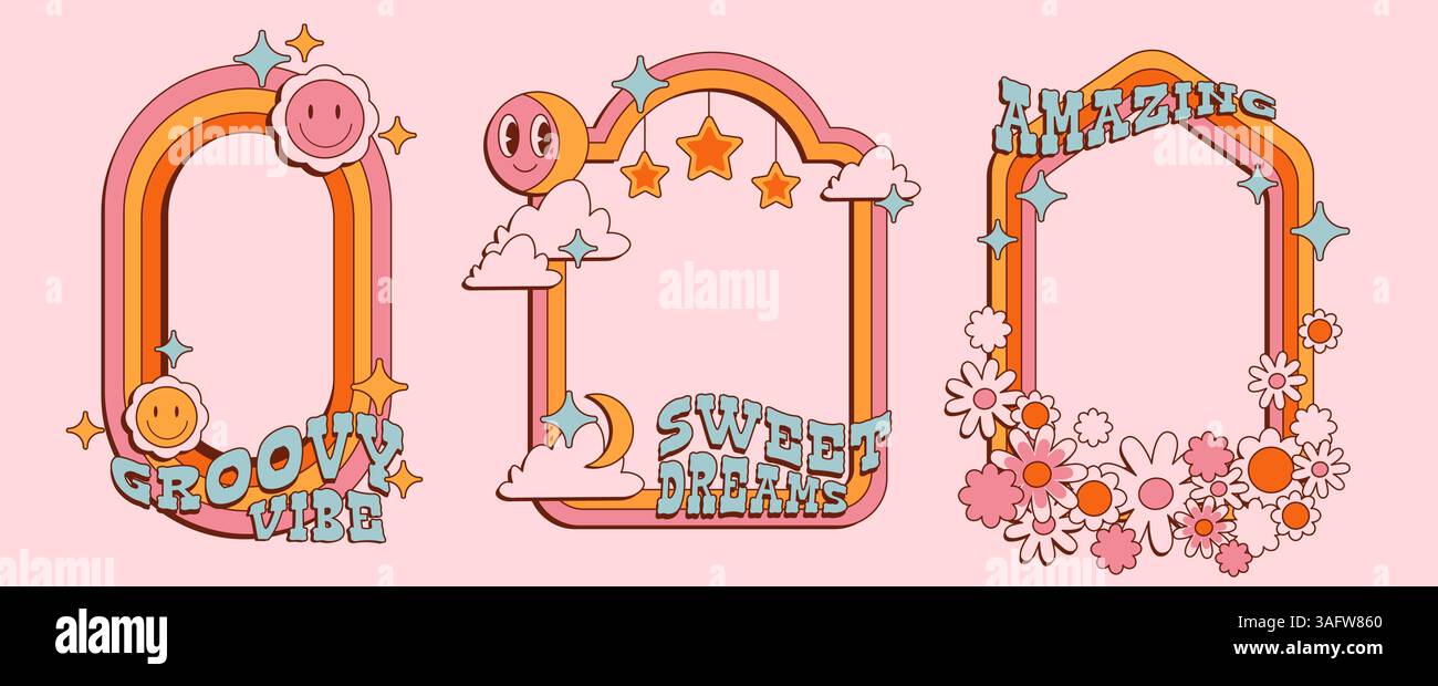 Elementi di confine tra dolci sogni d'oro e vivaci: Cornice arcobaleno con volti e nuvole sorridenti, fiori e stelle. Adesivi pastello retrò in stile hippie con citazioni in colori vivaci. Illustrazione Vettoriale