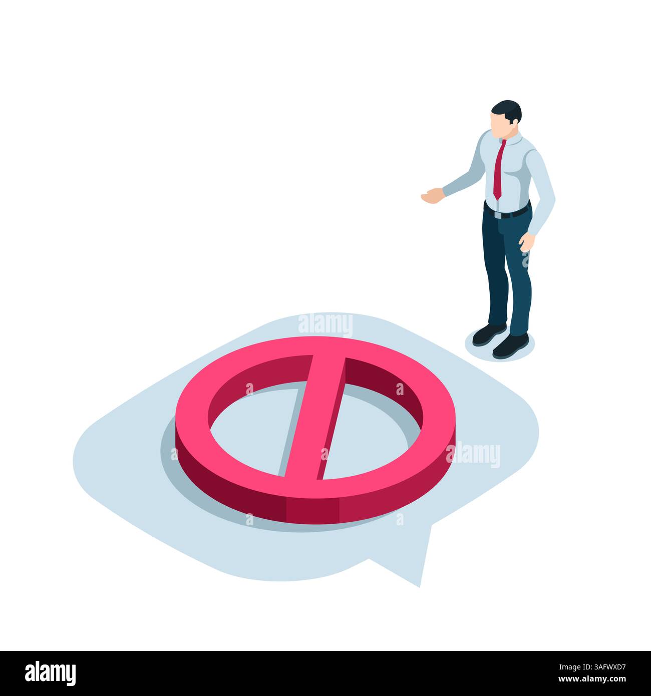 uomo isometrico in piedi vicino al cartello di divieto su bolla di testo a colori su sfondo bianco, blocco o divieto Illustrazione Vettoriale