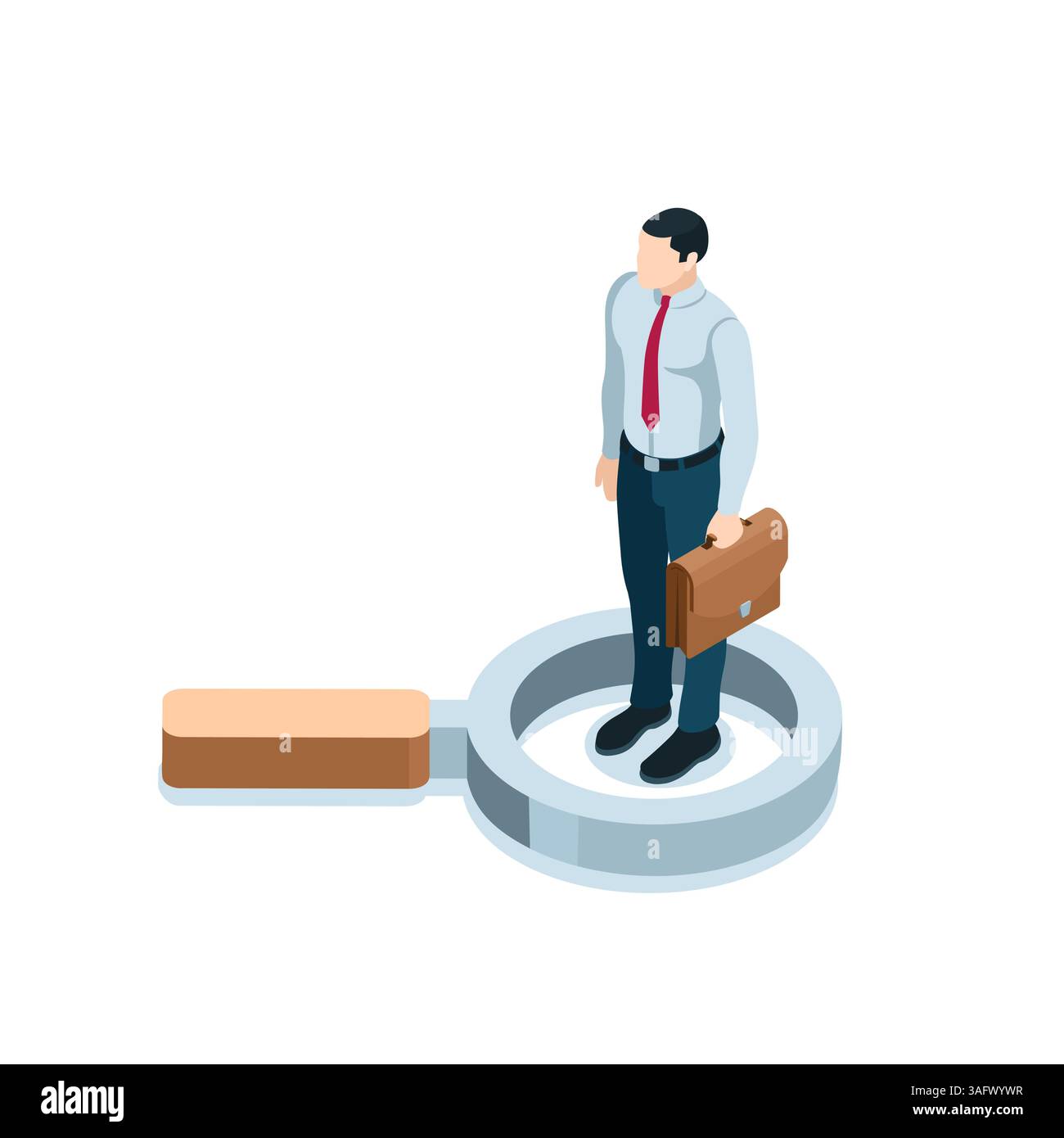 uomo isometrico con una valigetta e una lente d'ingrandimento a colori su sfondo bianco, scambio di manodopera o ricerca di personale e dipendenti Illustrazione Vettoriale