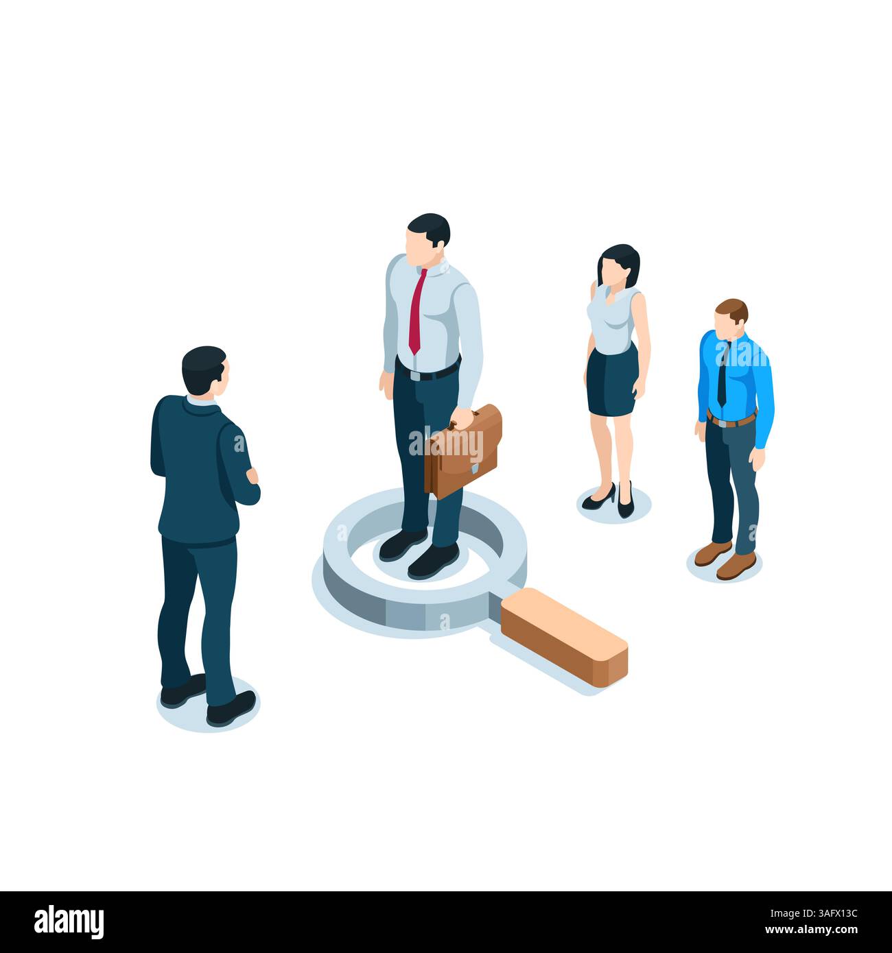 uomo isometrico con una valigetta con icona a lente d'ingrandimento e un altro uomo con tuta a colori su sfondo bianco, scambio di manodopera o personale e svuotamento Illustrazione Vettoriale
