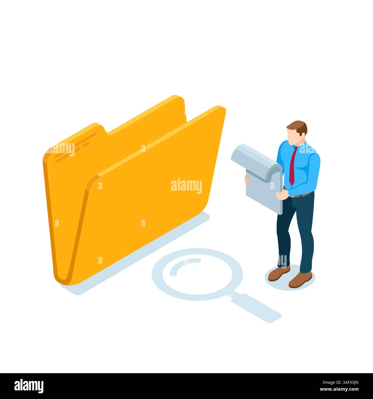 uomo isometrico che studia un documento vicino a una cartella aperta a colori su uno sfondo bianco, controlla o lavora con la documentazione Illustrazione Vettoriale