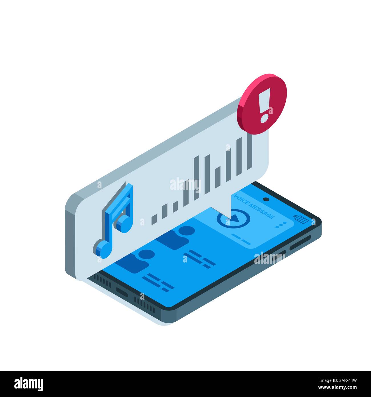smartphone isometrico e bolla di testo con icona della nota a colori su sfondo bianco, messaggio vocale dell'app per smartphone Illustrazione Vettoriale