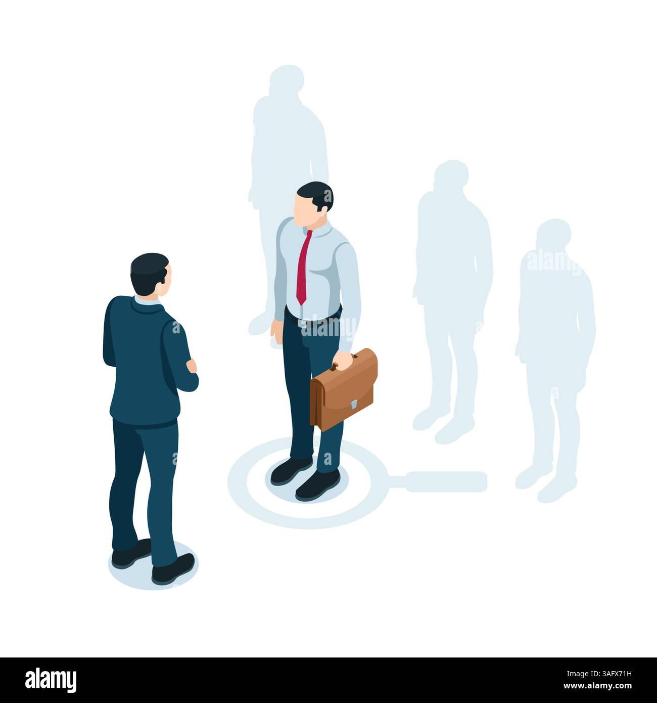 uomo isometrico con una valigetta con icona a lente d'ingrandimento e un altro uomo con tuta a colori su sfondo bianco, scambio di manodopera o personale e svuotamento Illustrazione Vettoriale