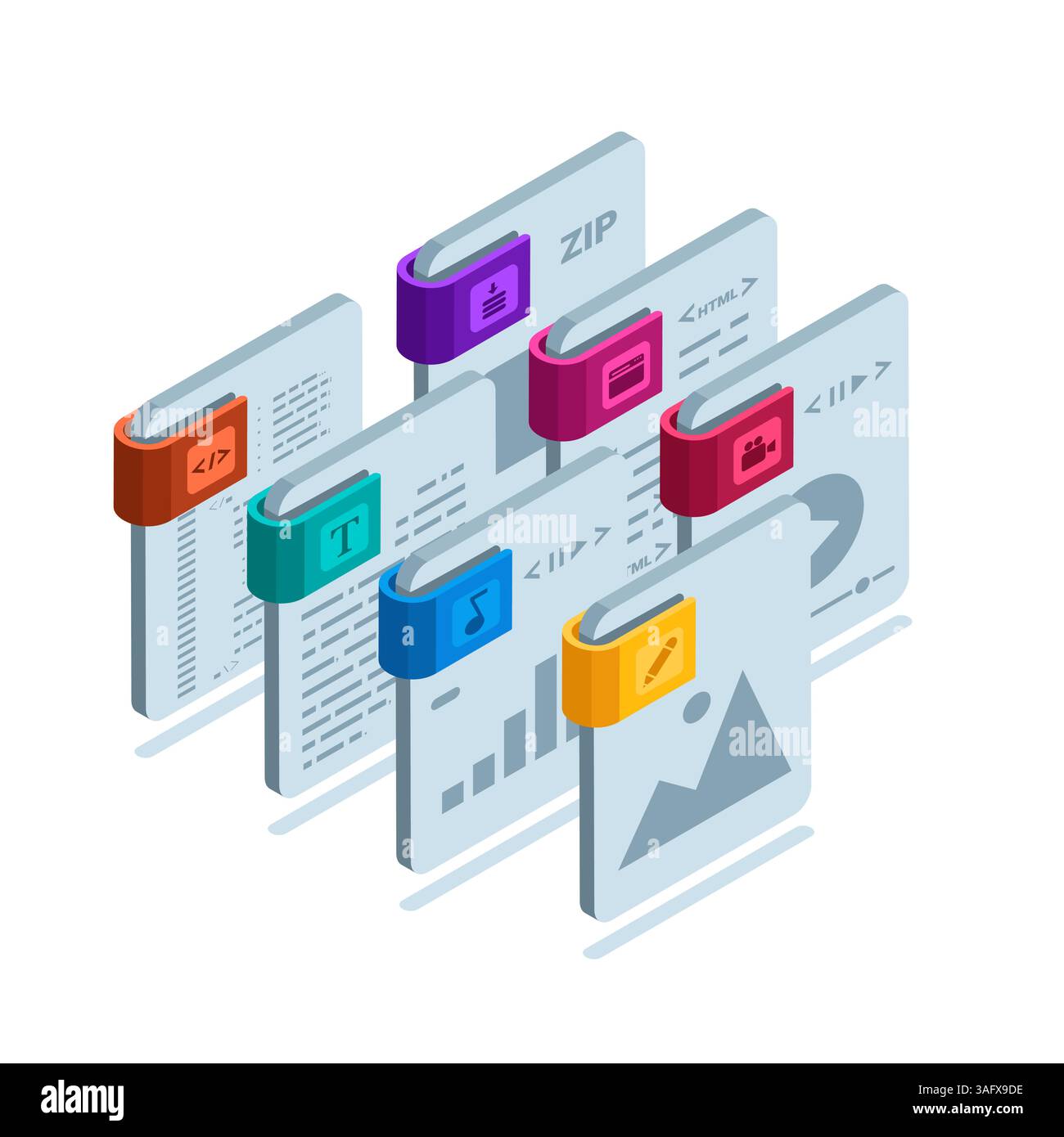set isometrico di icone di file di diversi formati a colori su sfondo bianco, immagini e video, audio e testo, codice e archivio Illustrazione Vettoriale