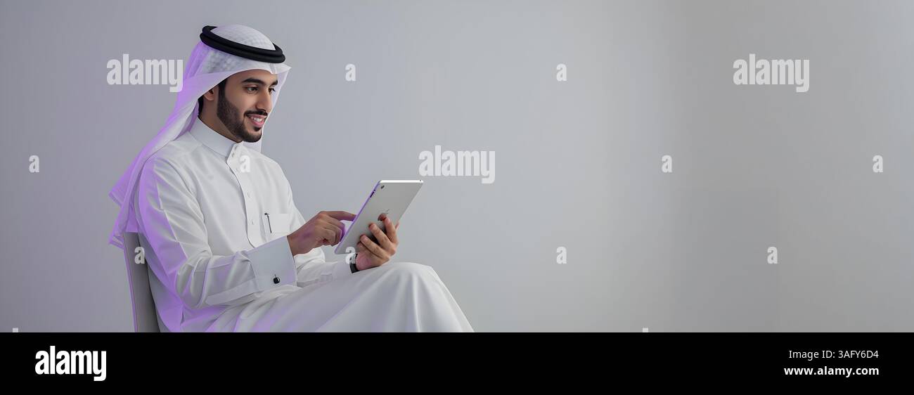 Elegante uomo saudita in abbigliamento tradizionale, che si rilassa su una comoda sedia e utilizza un tablet. L'immagine trasmette un senso di modernità e autenticità, Foto Stock