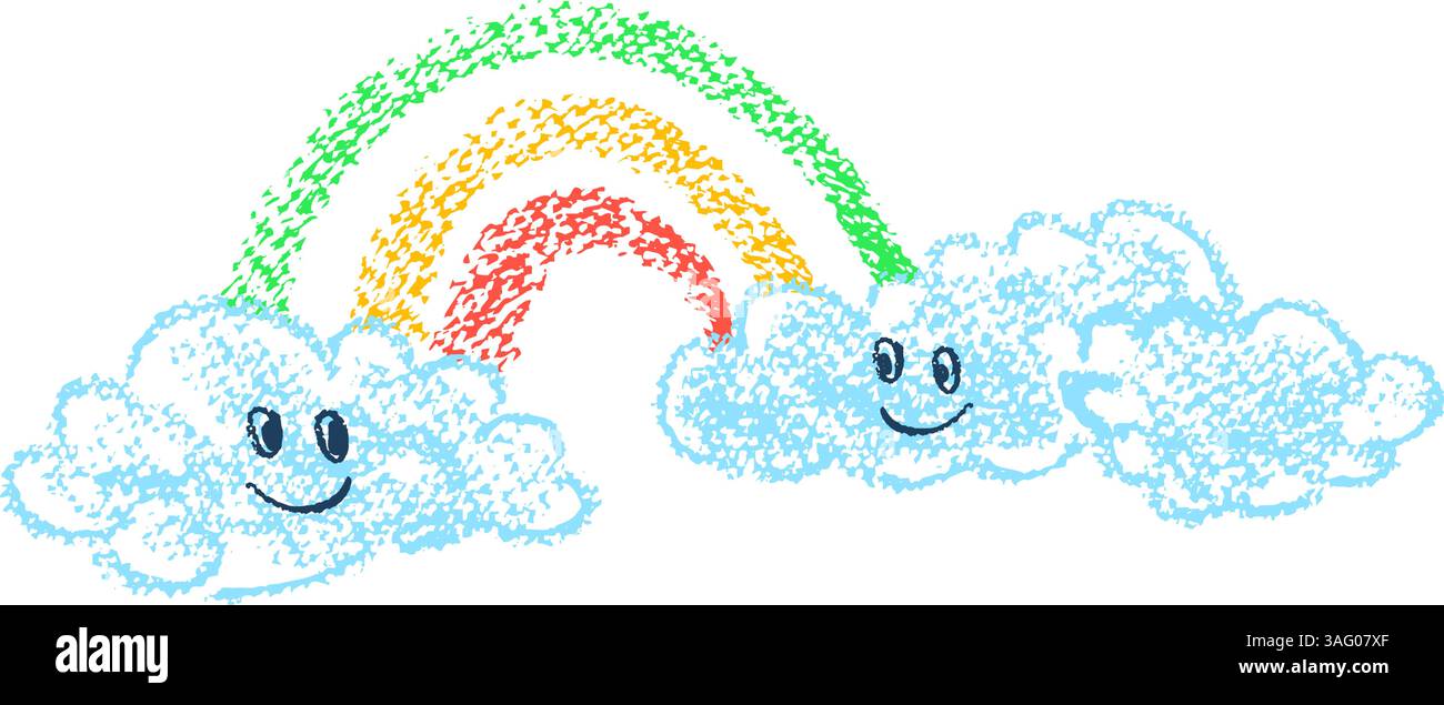 Nuvole di pastelli con volti di cartoni animati sorridenti arcobaleno. Colorate matite di cera per bambini che disegnano paesaggi. Elemento di design vettoriale ingenuo e divertente. Funky carbone Illustrazione Vettoriale