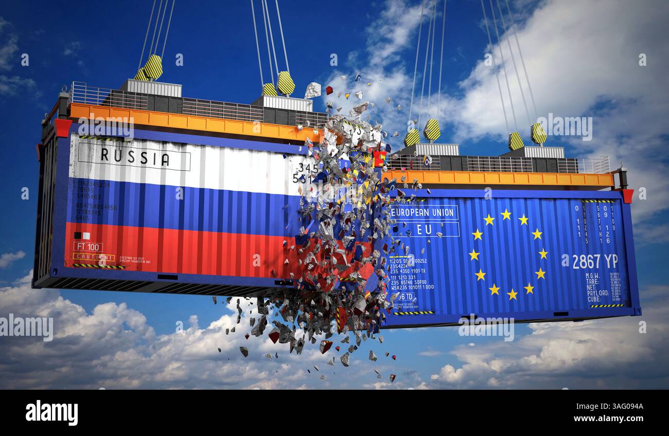 Container con bandiere della Russia e dell'Unione europea - illustrazione 3D. Foto Stock