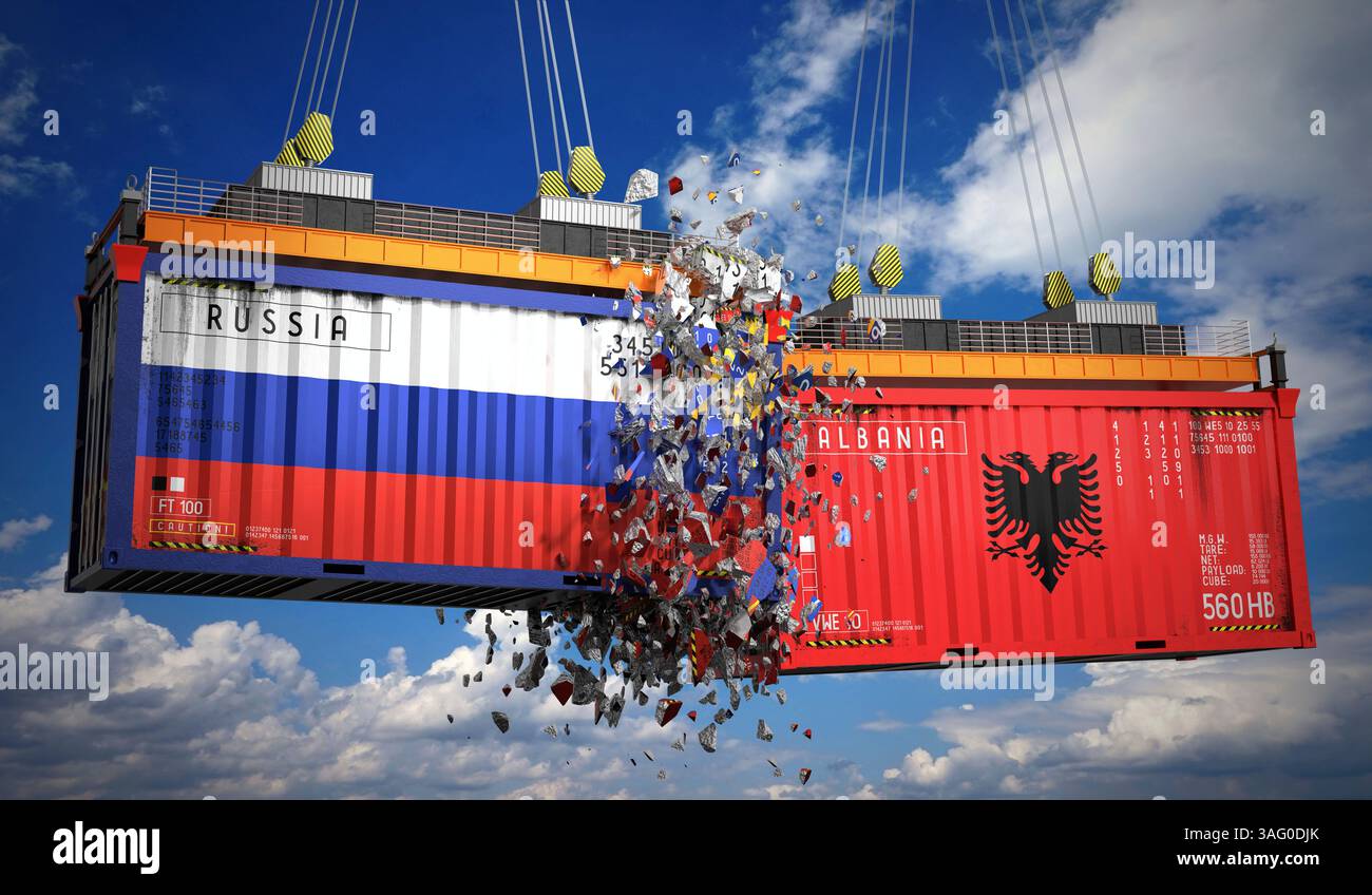 Container cargo con bandiere di Russia e Albania - illustrazione 3D. Foto Stock