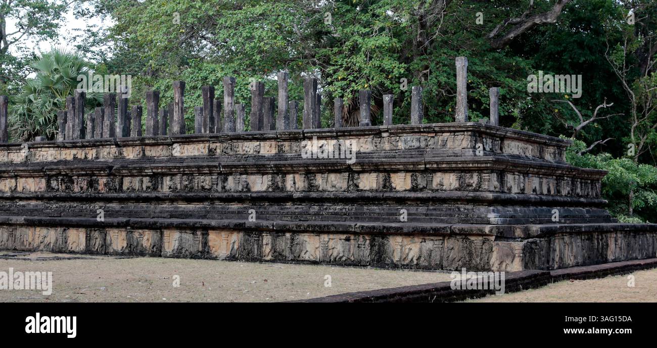 Scultura in pietra in stile bassorilievo nell'antica sala del Consiglio, Polonnaruwa. Sri Lanka. Foto Stock