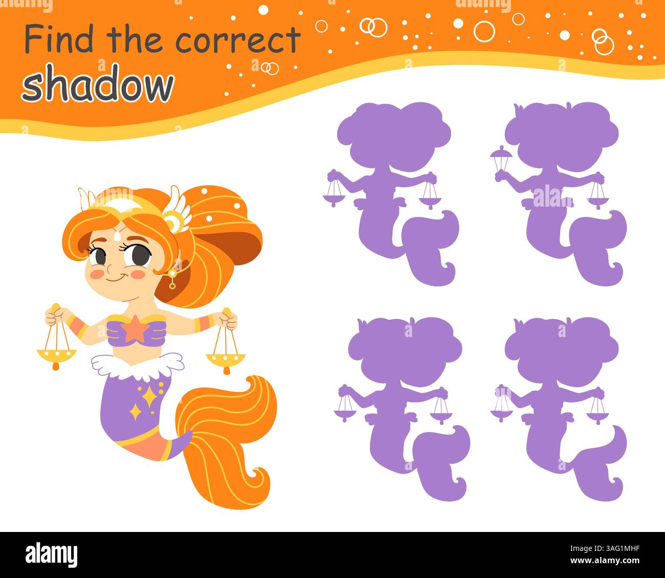 Trova il gioco di sirena ombra corretto per il vettore bambini Illustrazione Vettoriale