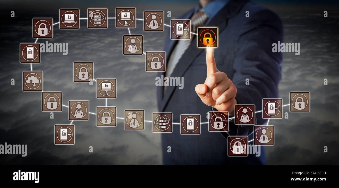 Blue chip manager selezionando il blocco di record più recente in una blockchain. Concetto aziendale e metafora tecnologica per la gestione dei record, dati comprovati Foto Stock