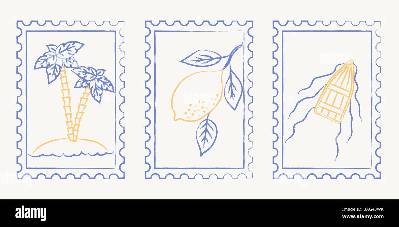 Set di francobolli postali estivi con palme, limone e barca Illustrazione Vettoriale
