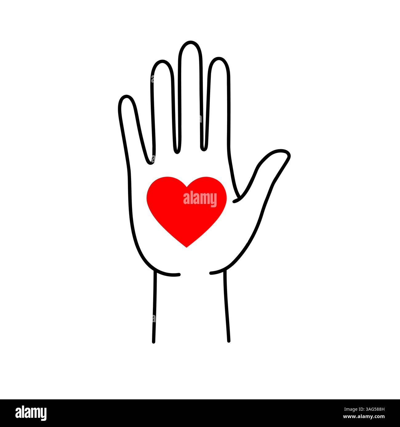 Icona mano con cuore. Mano nera con icona a forma di cuore isolata su sfondo bianco. Illustrazione vettoriale Illustrazione Vettoriale