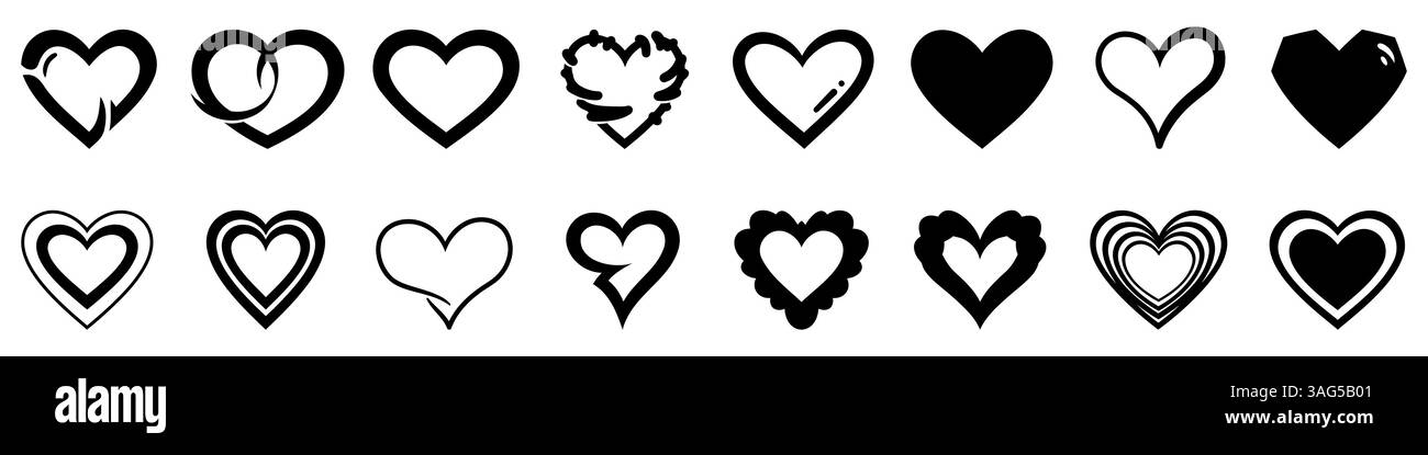 Icona cuore. Icone a forma di cuore in bianco e nero dal design piatto. Illustrazione vettoriale. Illustrazione Vettoriale