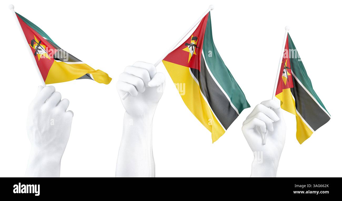 Mano che tiene bandiera dello Zimbabwe. Rendering 3d isolato Foto Stock