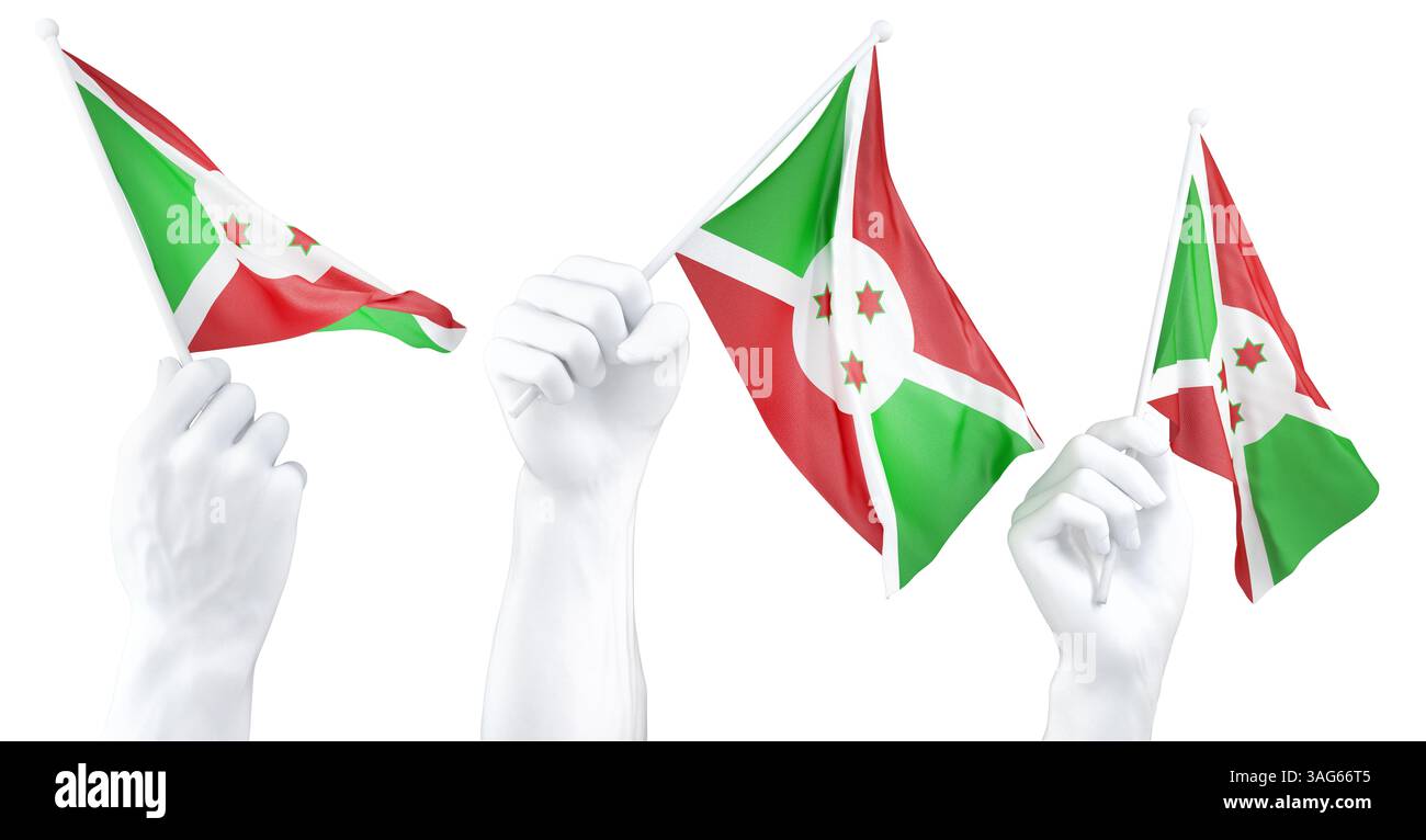 Mano che tiene la bandiera del Burundi. Rendering 3d isolato Foto Stock