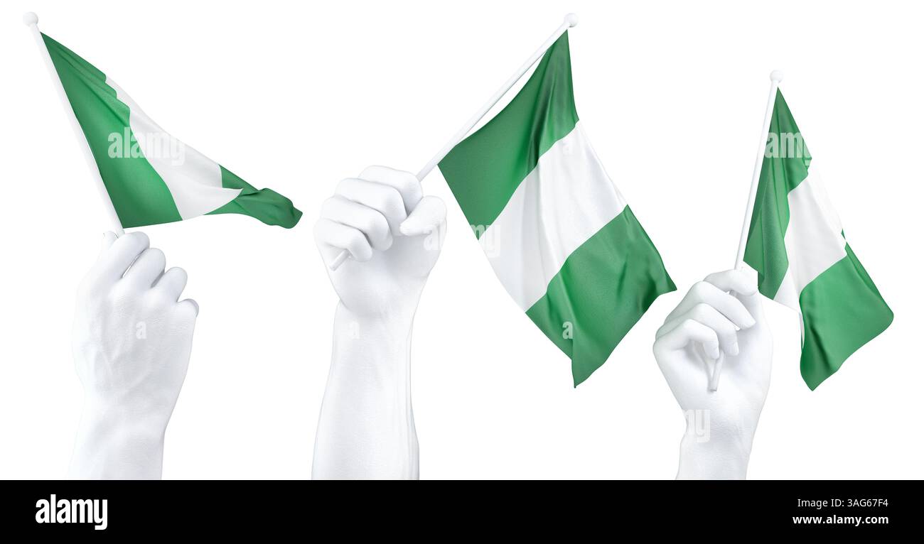 Mano che tiene bandiera della Nigeria. Rendering 3d isolato Foto Stock