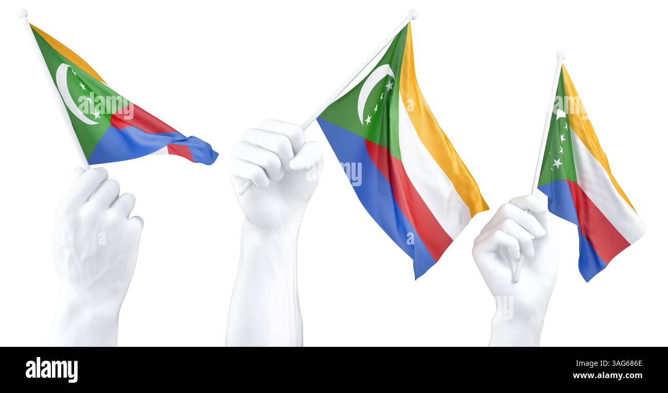 Mano che tiene la bandiera delle Comore. Rendering 3d isolato Foto Stock