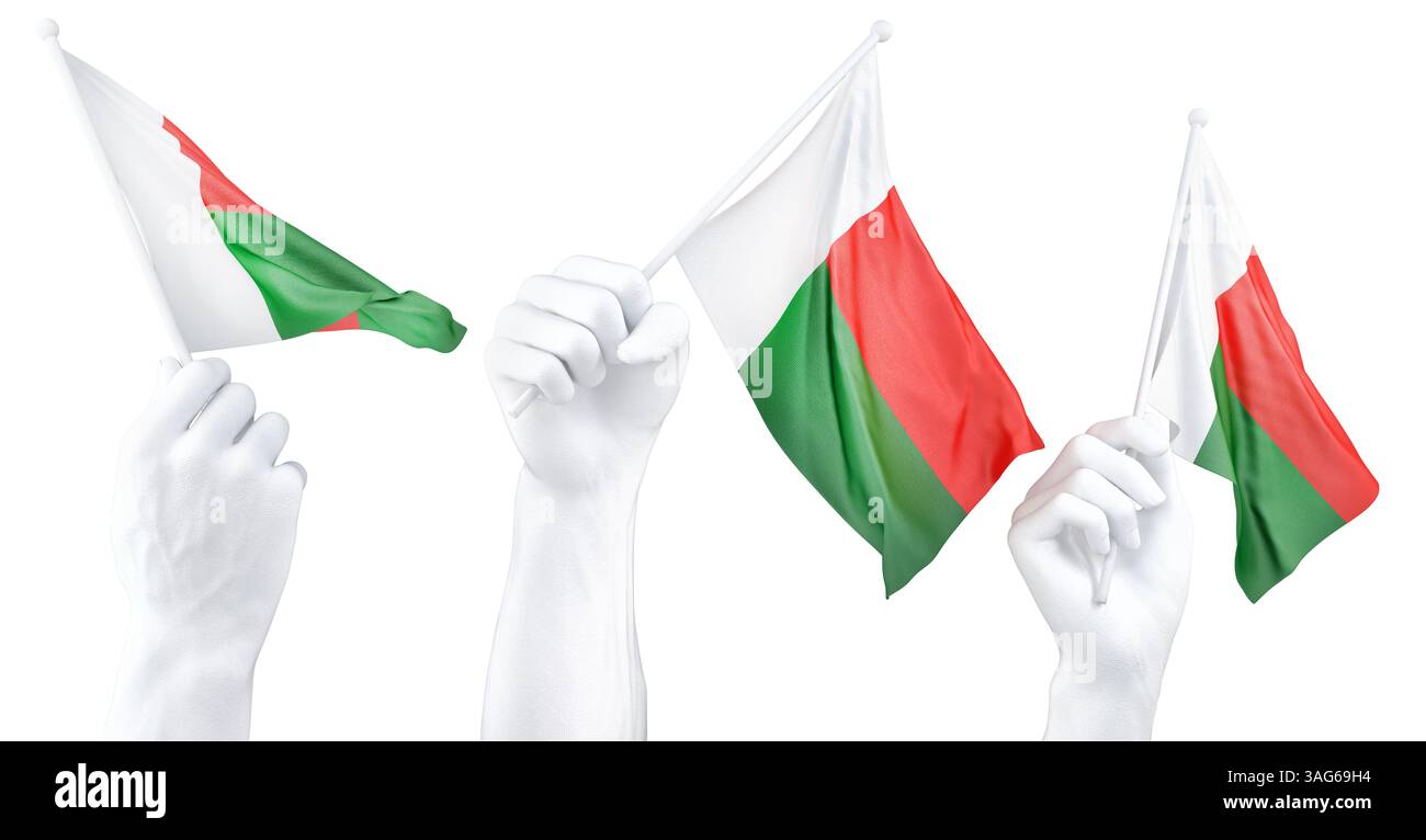 Mano che tiene bandiera del Madagascar. Rendering 3d isolato Foto Stock