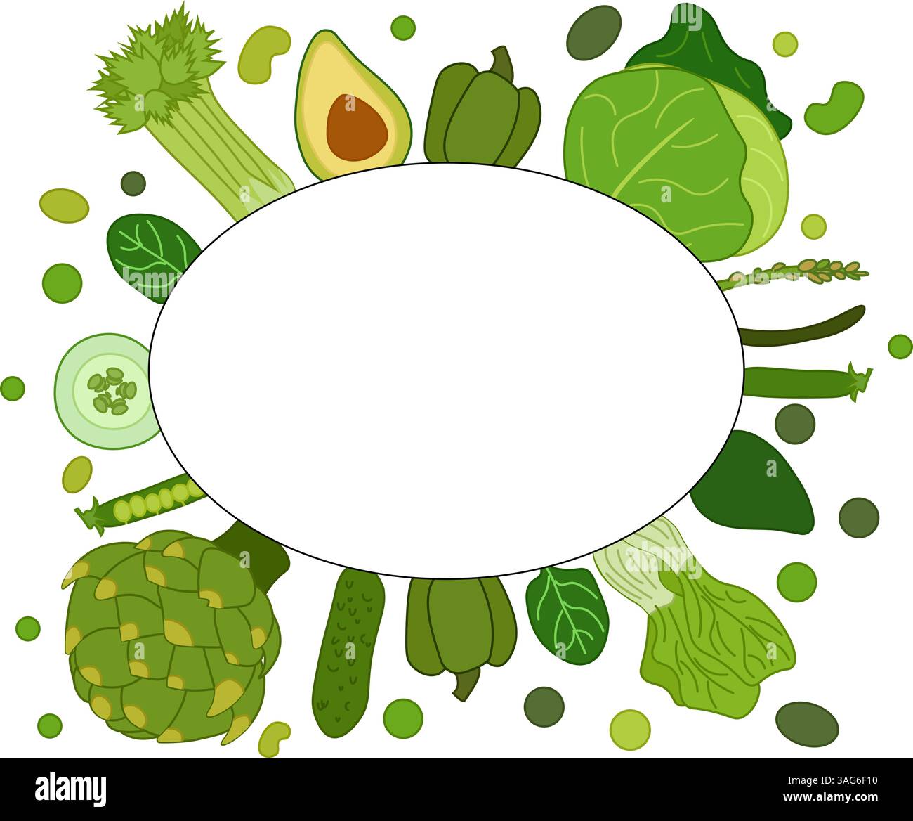 Cornice ovale di verdure verdi. Etichetta piatta vettoriale, testo, spazio di copia. Spinaci freschi della fattoria, avocado, pepe, cetrioli. Può essere utilizzato per cucinare, panificare, etichette Illustrazione Vettoriale