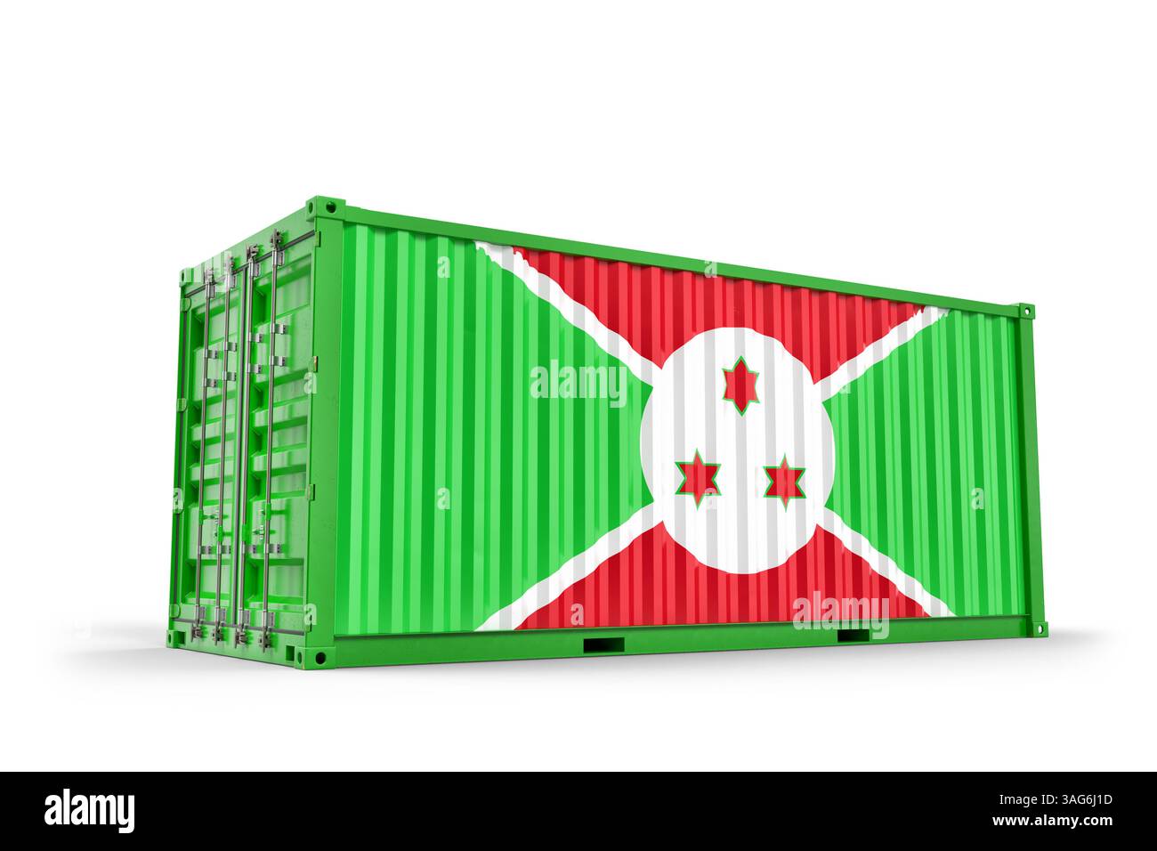 Container di trasporto intermodale verde con bandiera nazionale del Burundi che rappresenta la logistica commerciale internazionale e il commercio globale. Rendering 3D. 3d. Foto Stock