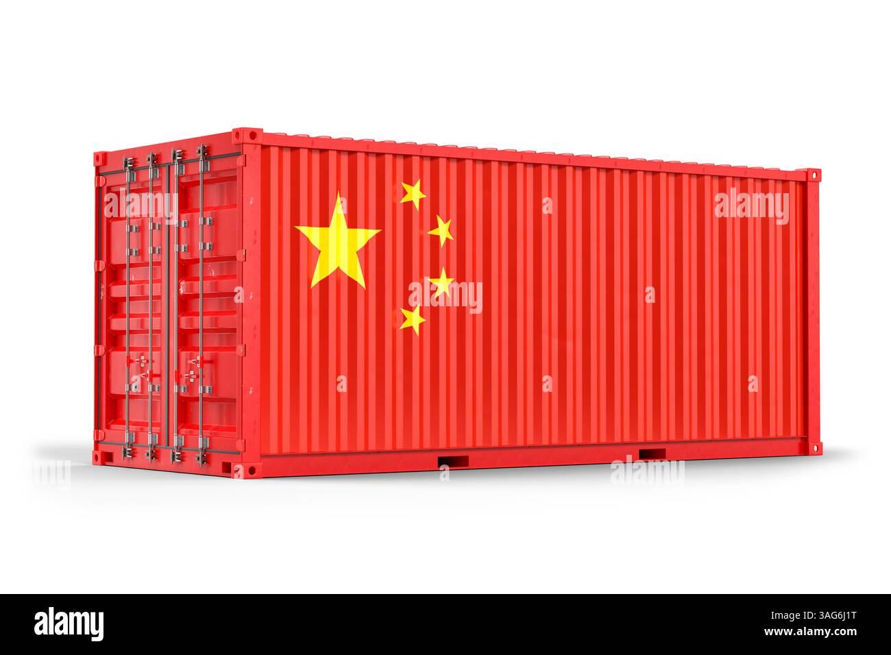 Container cargo rosso con bandiera cinese, che rappresenta il commercio internazionale, l'importazione e le attività di esportazione tra le nazioni. Rendering 3d. Foto Stock