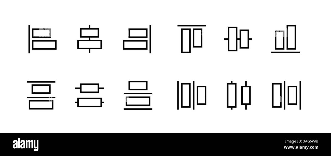Set di icone di allineamento per il posizionamento degli oggetti nel pannello degli strumenti dell'interfaccia dell'editor grafico vettoriale, segno di allineamento. Illustrazione Vettoriale