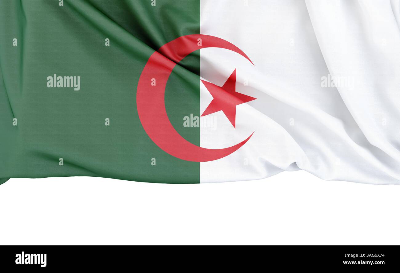 Bandiera dell'Algeria isolata su sfondo bianco con spazio di copia sottostante. Rendering 3D. Foto Stock