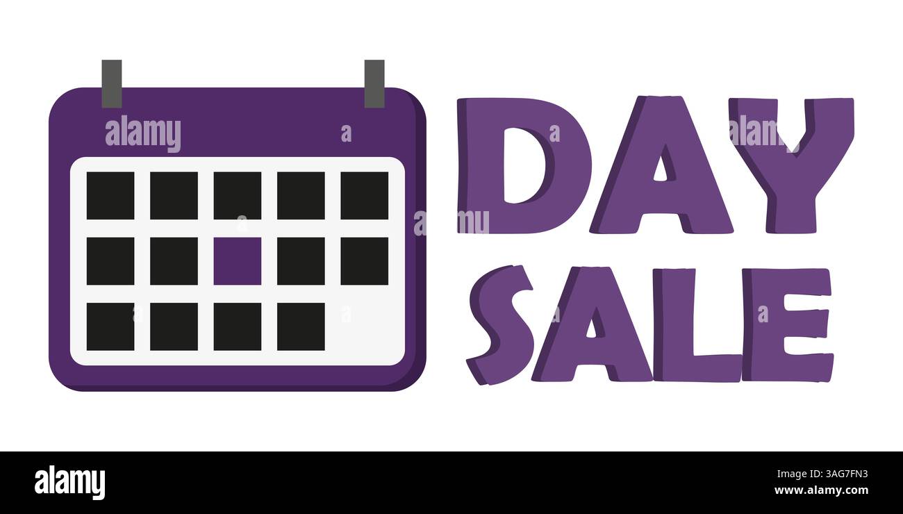 Icona della pagina del calendario. Messaggio di vendita diurna. Lettere in grassetto viola. Layout data vettore. Illustrazione Vettoriale