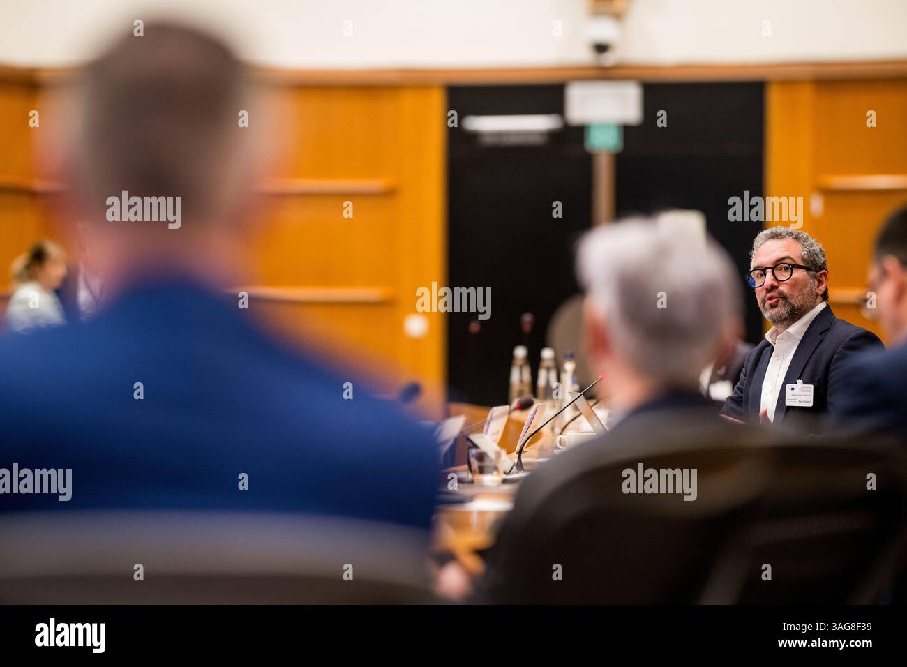 Bruxelles, Belgio. 8 aprile 2025. Matthew Hervey è stato visto all'evento "European Media in an ai World: Challenges, Opportunities and Future Outlook" dell'EANA (European Alliance of News Agencies) di Bruxelles, martedì 8 aprile 2025. BELGA PHOTO JASPER JACOBS credito: Belga News Agency/Alamy Live News Foto Stock