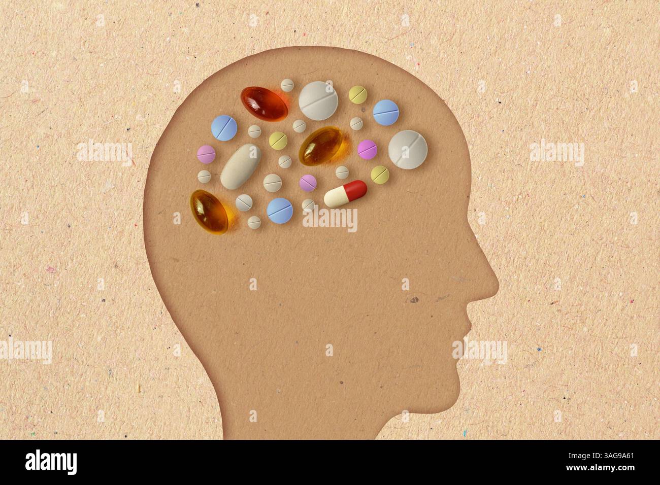 Profilo silhouette di uomo con varie pillole - concetto di salute mentale e abuso di medicina Foto Stock