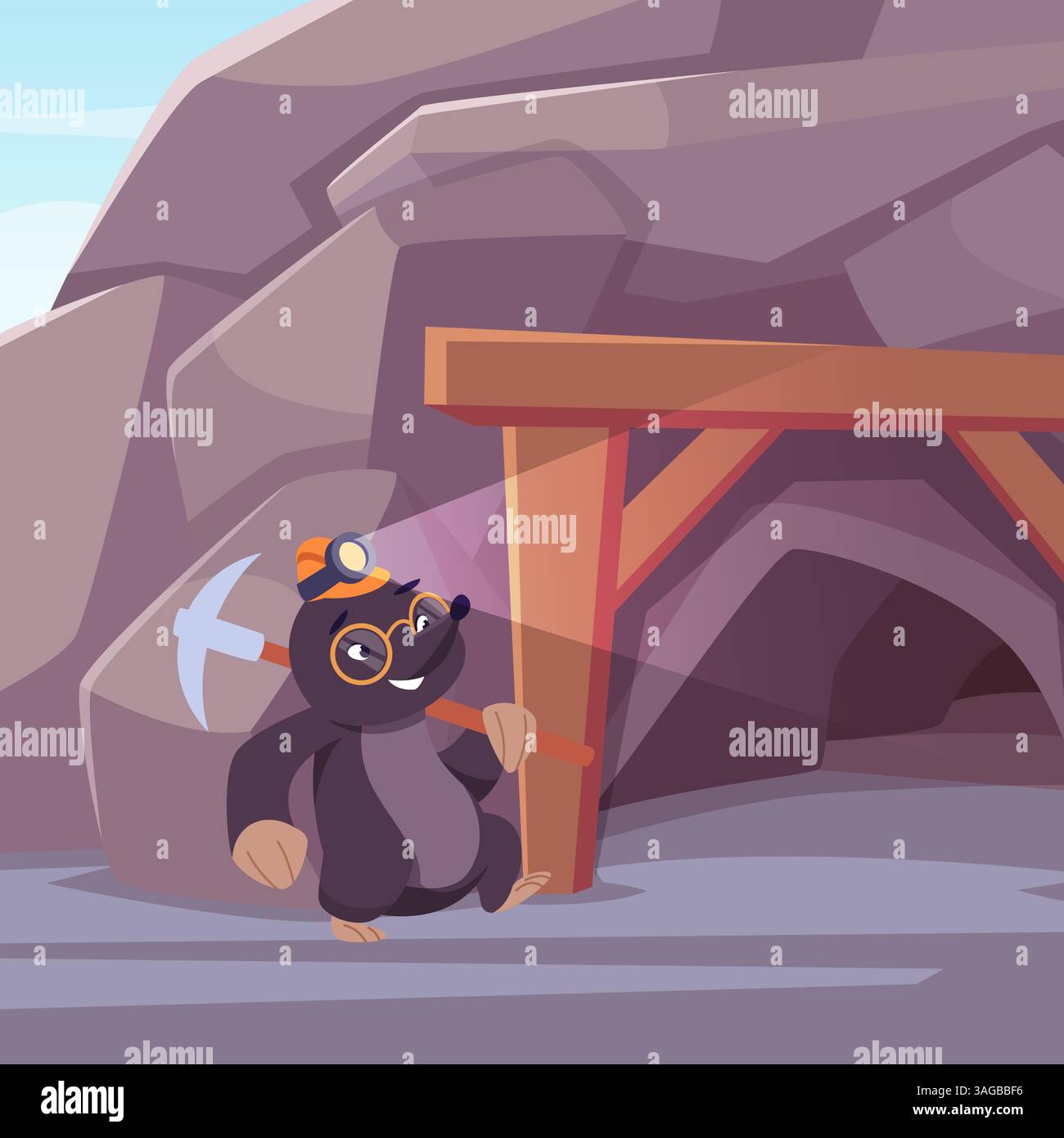 Talpa. felice cacciatore di animali cartoni animati che va alla grotta Illustrazione Vettoriale