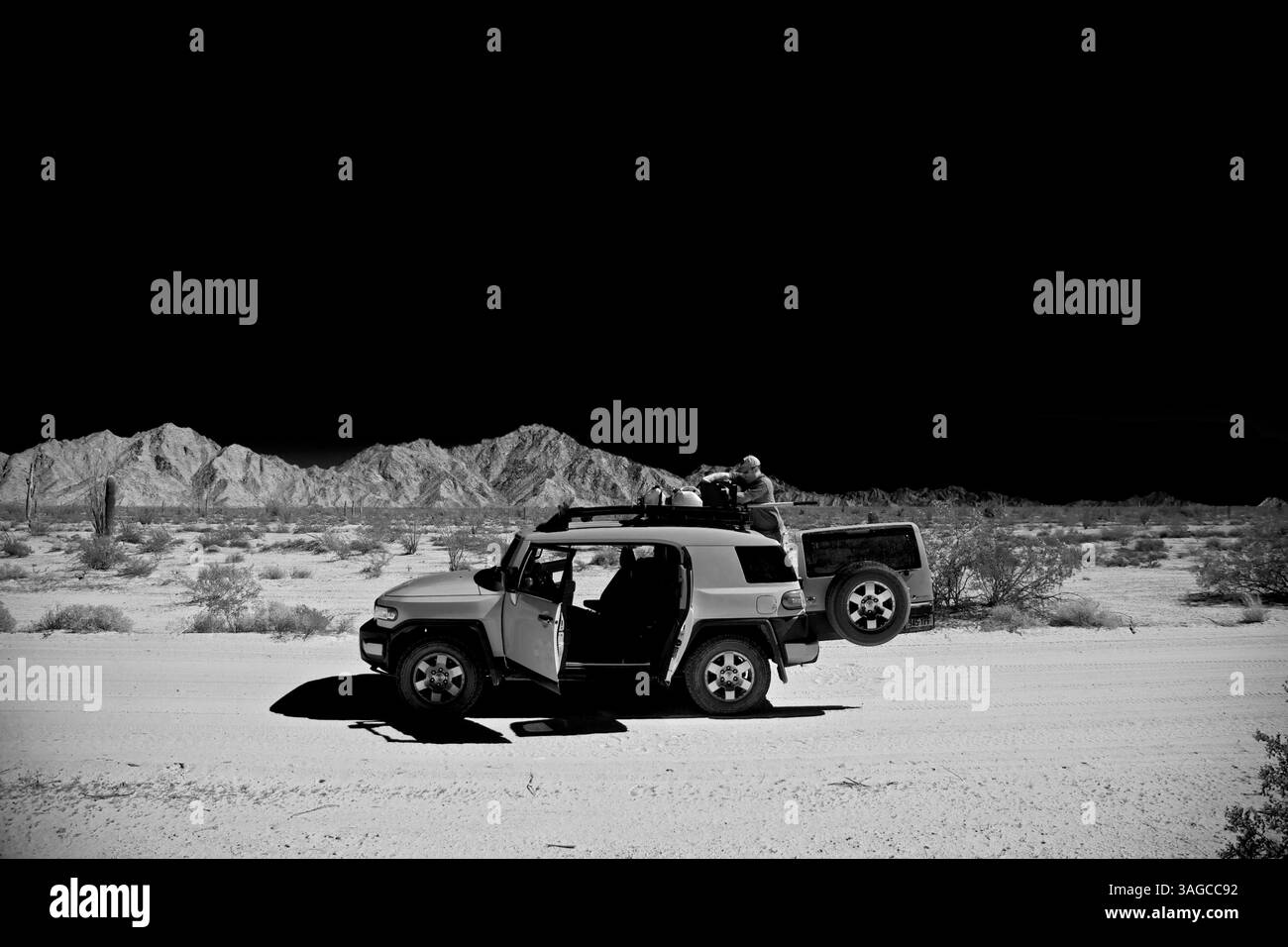 25 febbraio 2012 - confine con il Messico - pienamente consapevoli dei pericoli di un viaggio nel deserto in remoto, avevamo 15 galloni di carburante in più e 20 galloni di acqua caricati sulla parte superiore del camion. Guidando attraverso questo deserto, nel comfort e all'ombra del veicolo, mi sono sentito quasi in colpa a volte sapendo che nel raggio di 25 miglia dalla nostra abbondanza di acqua e ombra, migliaia di anime sfortunate sono morte a causa della disidratazione incessante e del colpo di calore. Ci è voluto solo un minuto per uscire dal veicolo per riconoscere quanto sei ostile e esposto. C'erano tratti del deserto di Sonora dove il nostro vehi Foto Stock