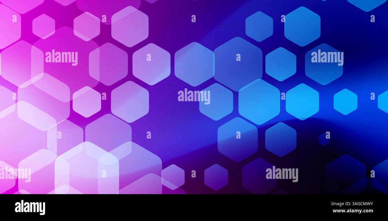 Esagoni bianchi trasparenti su sfondo blu e rosa ondulato, sfocato. Le sfumature morbide e il design geometrico creano un look moderno e astratto, perfetto Illustrazione Vettoriale