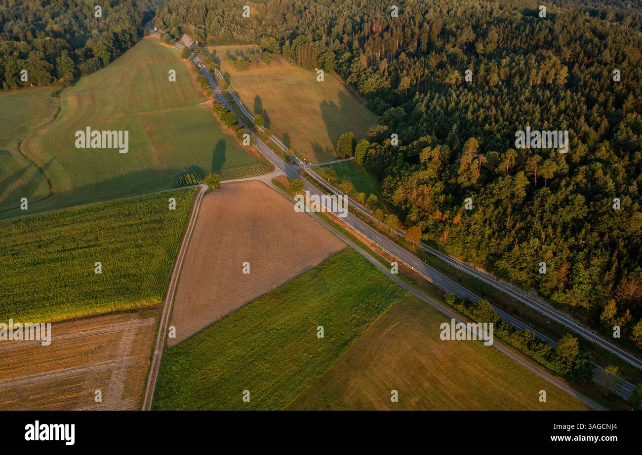 Vista aerea del drone all'alba con una strada che passa tra campi agricoli e foreste Foto Stock