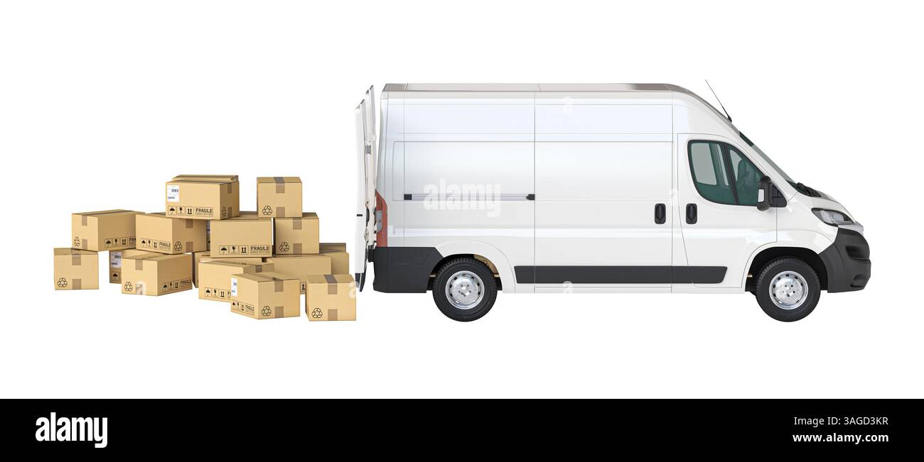 Furgone bianco con sportello posteriore aperto e scatole di cartone impilate 3d. Foto Stock