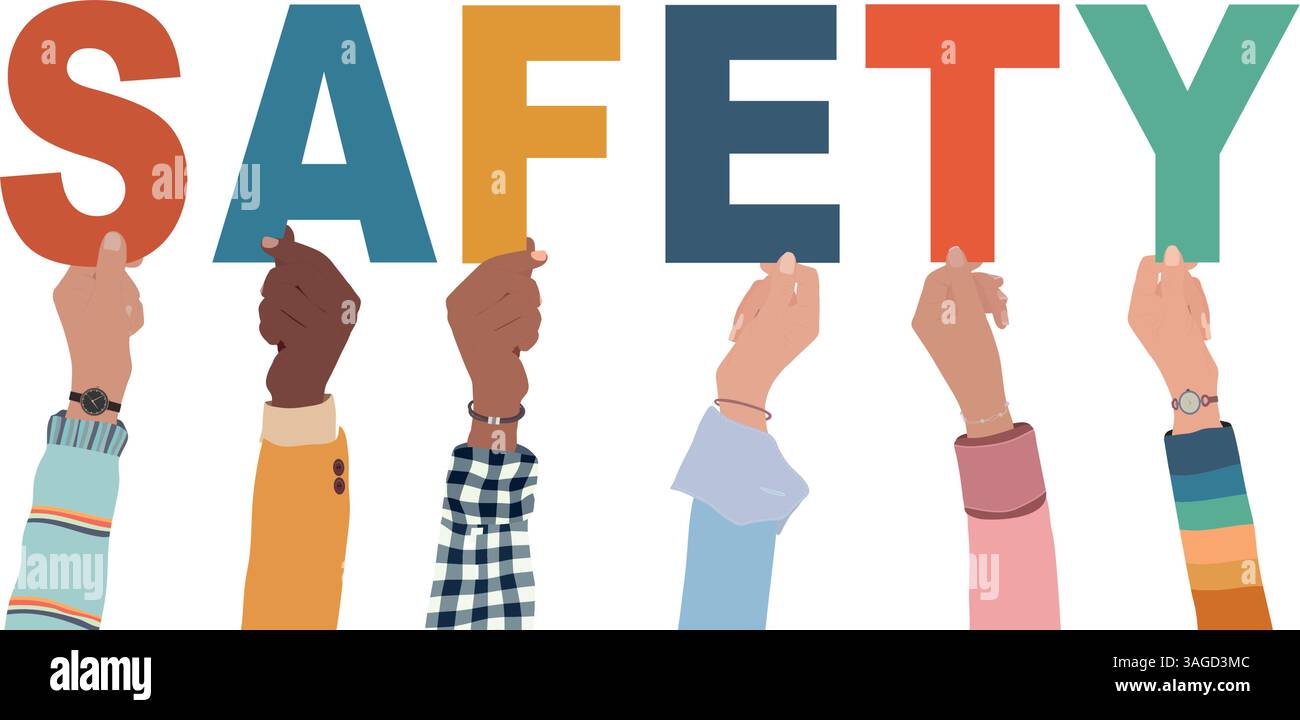 Mani multiculturali che tengono lettere per formare la parola SICUREZZA. Isolato Illustrazione Vettoriale Mani multiculturali che tengono lettere per formare la parola SICUREZZA. Isolato Illustrazione Vettoriale