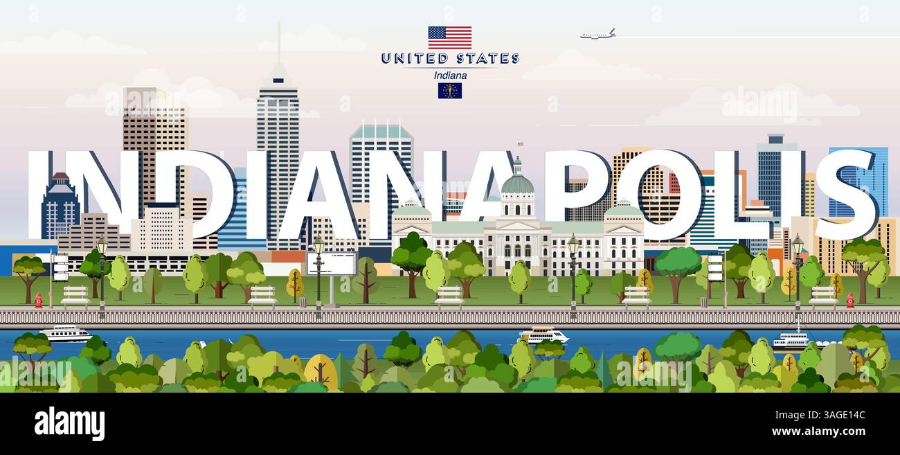 Illustrazione vettoriale colorata dello skyline di Indianapolis. Poster da viaggio Illustrazione Vettoriale